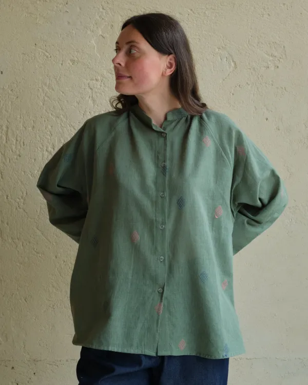 Clementine Blouse | Embroidered Emerald Cotton