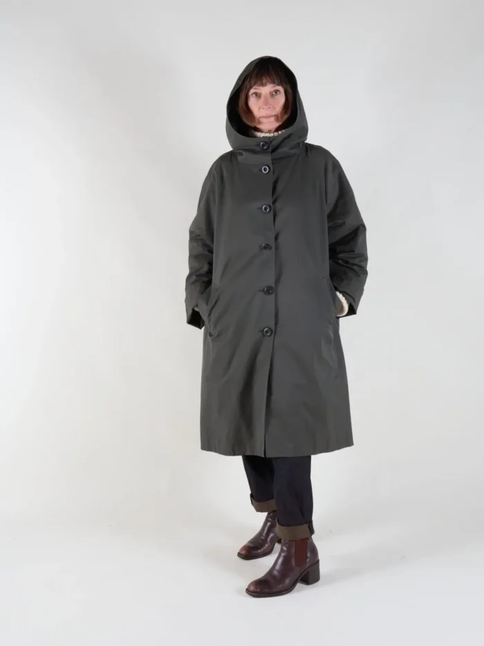 Drover Raincoat | Grey Green Waxed Cotton - Image 3