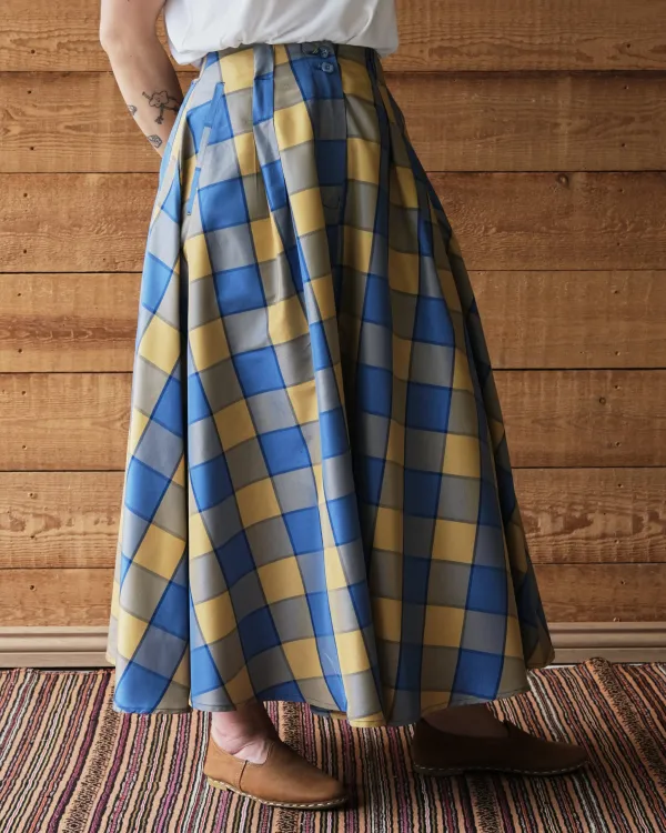 Coralie Skirt | Blue & Gold Gingham Silk